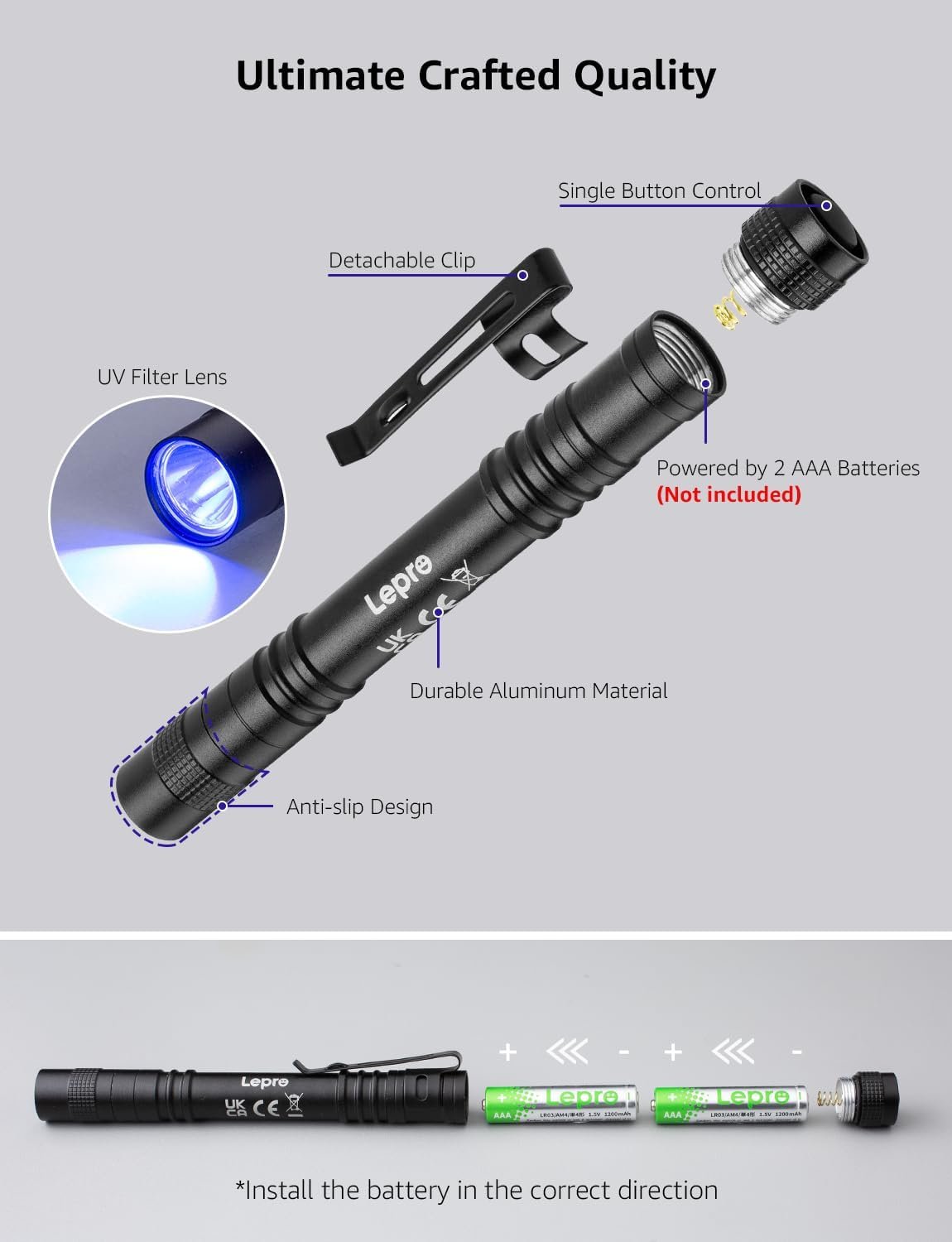 Lepro UV Light, LED UV Flashlight Pen UV Flashlight 365nm, LED Ultraviolet Flashlight Detector for Pet Urine, Cat Dog Stains, Bed Bug, Portable Blacklight Flashlight UV Pen Light