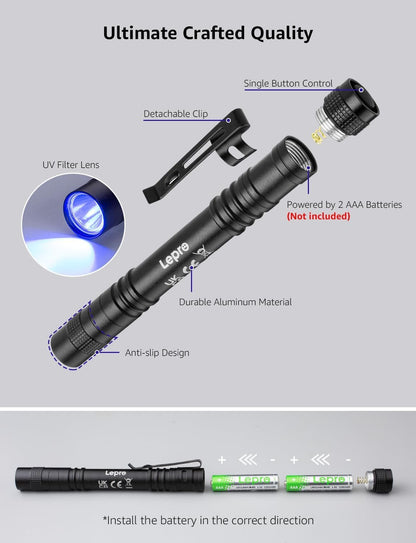 Lepro UV Light, LED UV Flashlight Pen UV Flashlight 365nm, LED Ultraviolet Flashlight Detector for Pet Urine, Cat Dog Stains, Bed Bug, Portable Blacklight Flashlight UV Pen Light