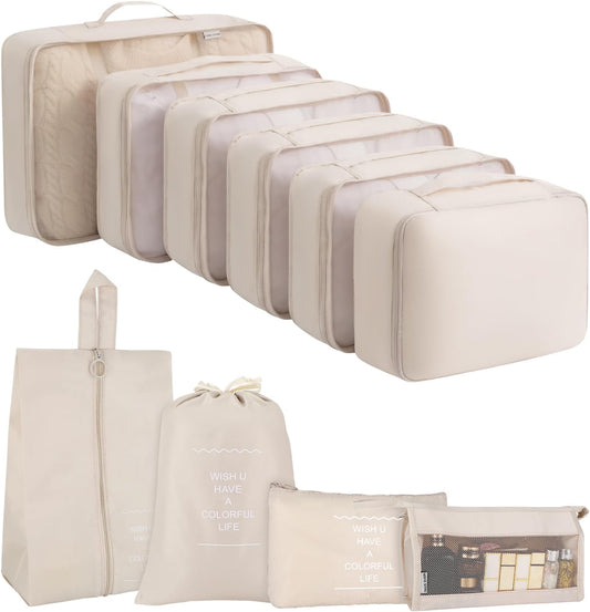 10 Pieces Space-Saving Suitcase Organizer (Beige) - Packing Cubes Set, Travel Suitcase Organizer, Useful Accessories for Holidays and Classification Underwear and Footwear