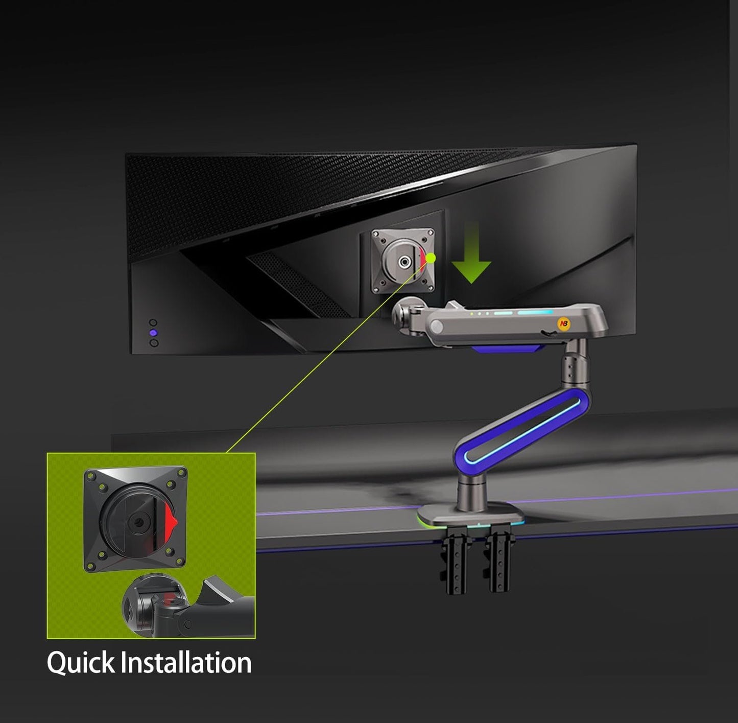 NB ERGONOMIC RGB Gaming Monitor-arm for Flat/Ultrawide/Curved Monitors 32 to 60 inch, Heavy Duty Stand Load up to 20 kg, VESA 75/100 mm Monitor-Mount G70-New