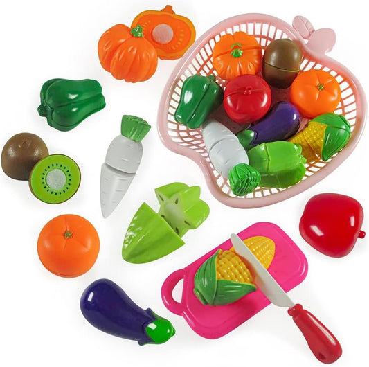 ZWYOIUG Play Food Set Toy, STEM Pretend Play Kitchen Accessories with Cute Bakset, Cutting Vegetables, Fruits, Learning Educational Toy Foods Cutting Set Gifts for Kids Toddlers Boys Girls 3 4 5 6 Years Old (Pink)