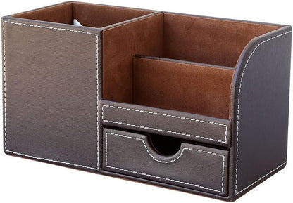 KINGFOM Wooden Struction Leather Multi-function Desk Stationery Organizer Storage Box Pen/Pencil,Cell phone, Business Name Cards Remote Control Holder with Small Drawer Brown