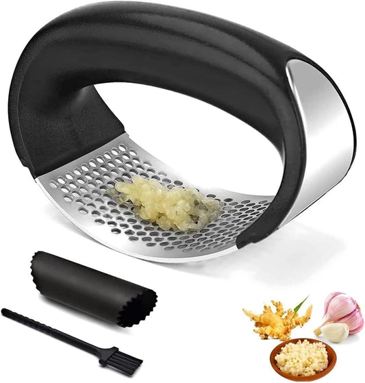 Garlic Press Rocker, Stainless Steel Garlic Masher and Garlic Crusher with Silicone Tube Set with Peeler and Cleaning Brush,Professional Kitchen Gadgets Garlic Chopper for Smashing Garlic