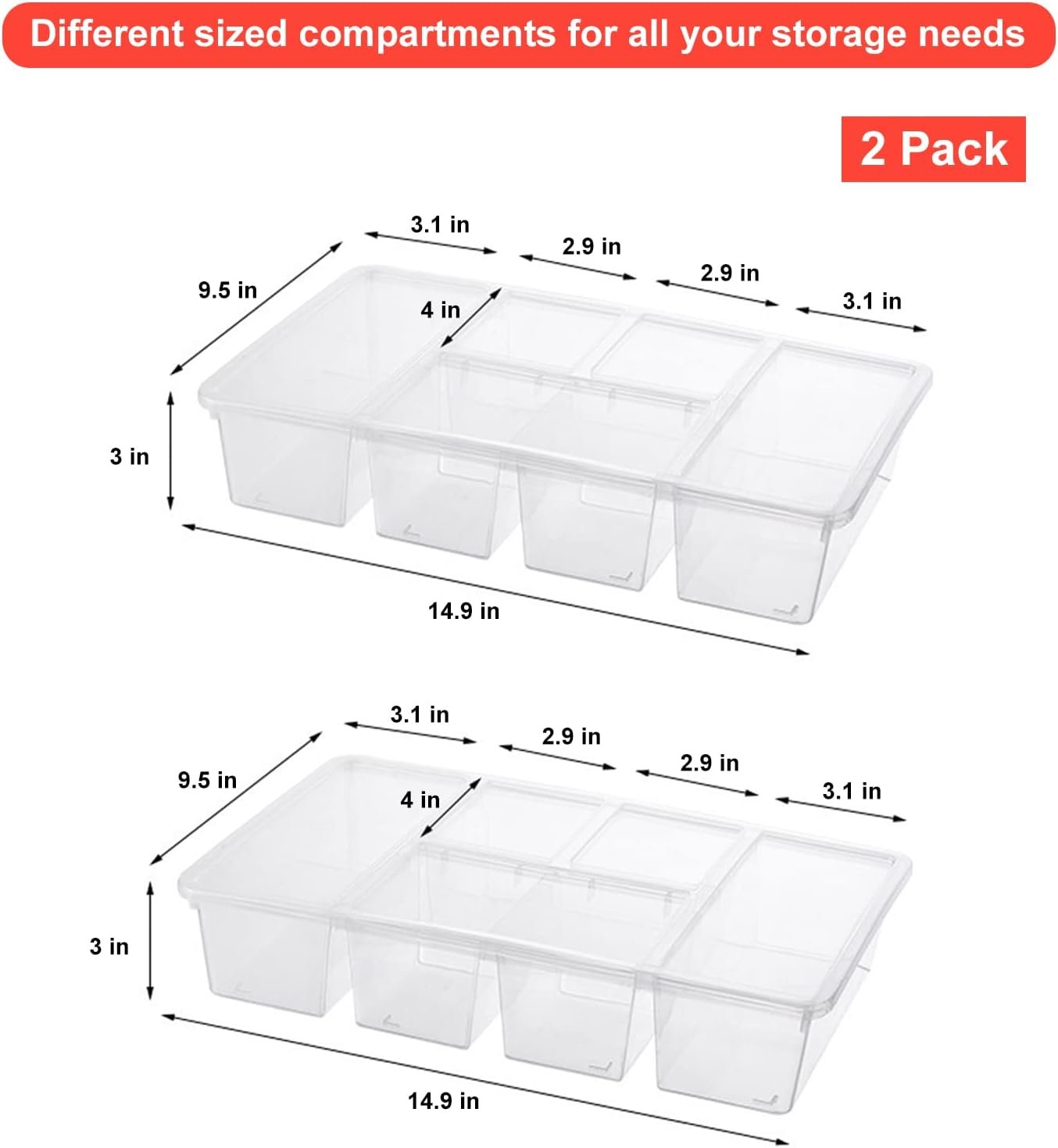 Taiuloo 2 Pack Divided Veggie Tray with Lid, 5 Compartment Snackle Box Container, Clear Salad Bar Fridge Organizer, Plastic Food Storage Containers for Snack, Fruit, Vegetable, Meal Prep