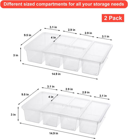 Taiuloo 2 Pack Divided Veggie Tray with Lid, 5 Compartment Snackle Box Container, Clear Salad Bar Fridge Organizer, Plastic Food Storage Containers for Snack, Fruit, Vegetable, Meal Prep