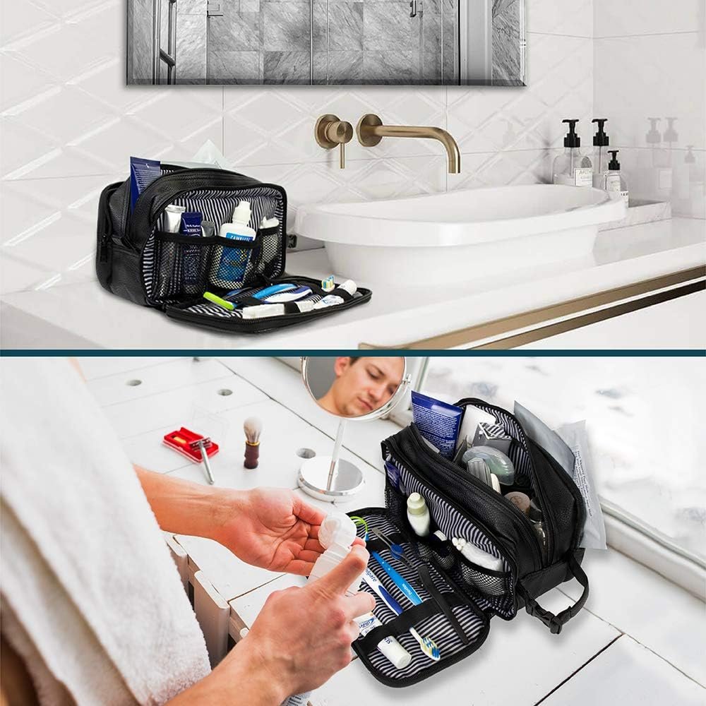 PAVILIA Toiletry Bag for Men, Travel Toiletries Bag | Water-resistant Dopp Kit, PU Leather Shaving Pouch Organizer for Accessories, Cosmetic, Hygiene, Grooming Essentials (Dark Gray), Black, Large