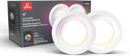 Globe Electric 50284 Wi-Fi Smart 4" Slim Baffle LED Recessed Lighting Kit 2-Pack, No Hub Required, Voice Activated, 9 Watts, Multicolor RGB, Tunable White, 540 Lumens, Wet Rated, 4.25" Hole Size