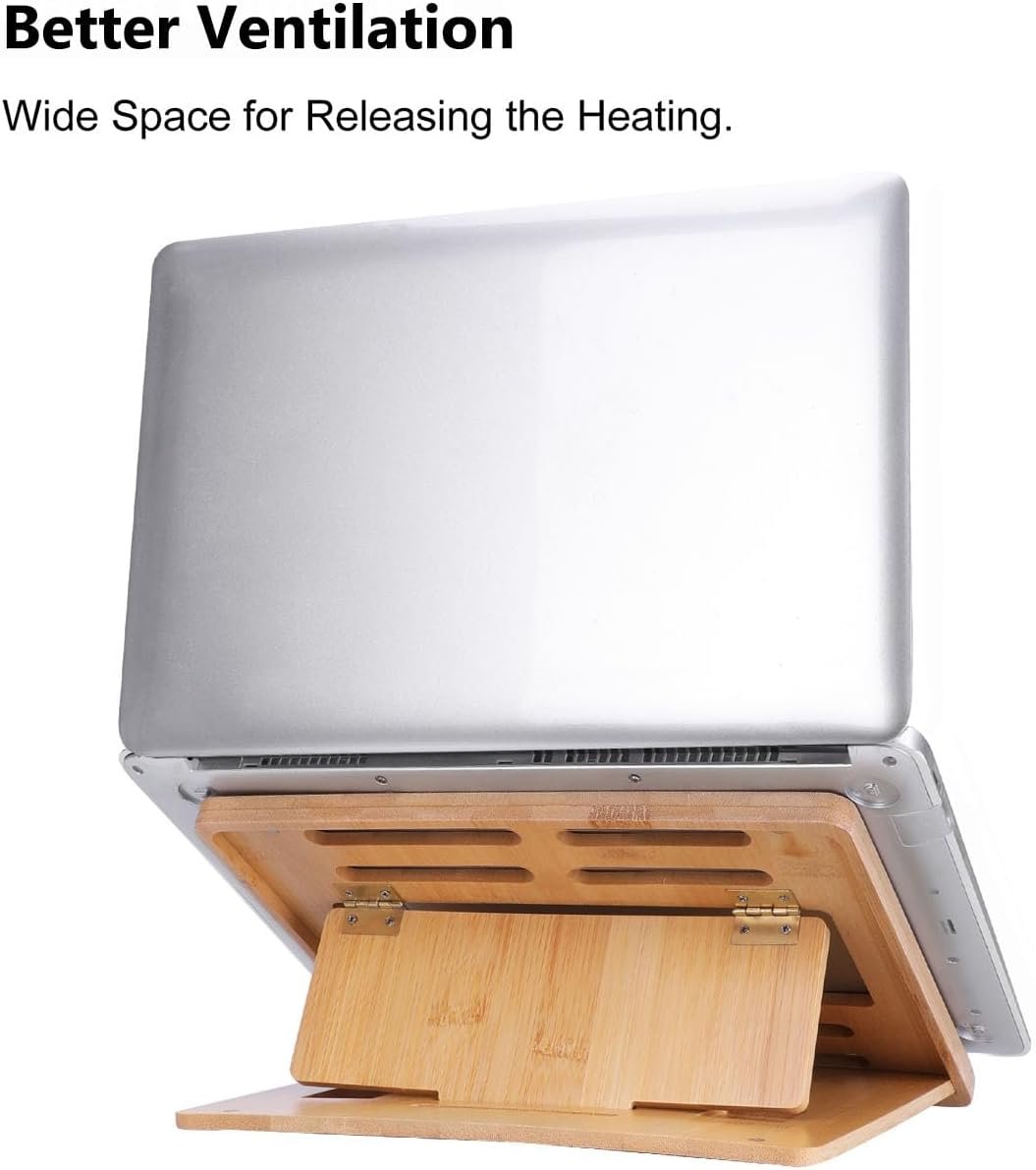 Gocokia Bamboo Fodable Laptop Notebook Riser Stand Desktop Adjustable with 4 Angles Notebook Mount Holder, Folding Laptop Cooler Stand for Macbook,Tablet,Kindle