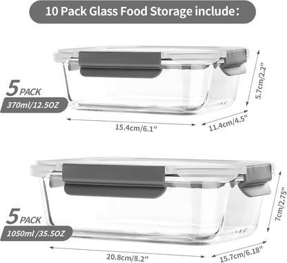 coccot [10 pack Glass Meal Prep Containers with Lids, Glass Food Storage Containers with Snap Locking Lids for Food, Bpa-free, Easy to Open& Close/Microwave,Oven,Freezer,Dishwasher Safe/Leak-Proof