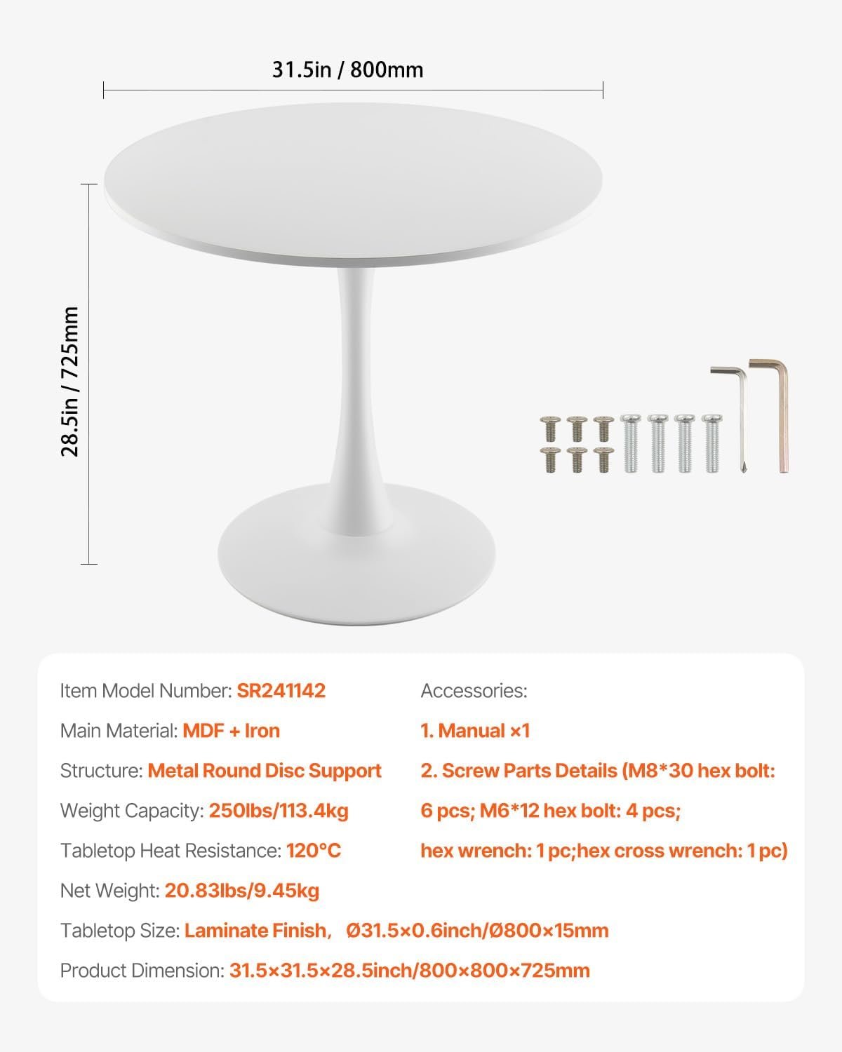 VEVOR Round Dining Table, 31.5 in Wood Table for 2-4 Person, Modern Circle Furniture, Leisure Coffee Office Tables with Pedestal Base in Tulip Design, for Home Kitchen Living Room, White(Only Table)