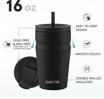 COKTIK 16oz Insulated Tumbler with Lid and Straw 2 Lids (Straw/Flip) Iced Coffee Cup Reusable Stainless Steel Travel Mug Water Bottle Cupholder Friendly for Women Men Her Him (Black)