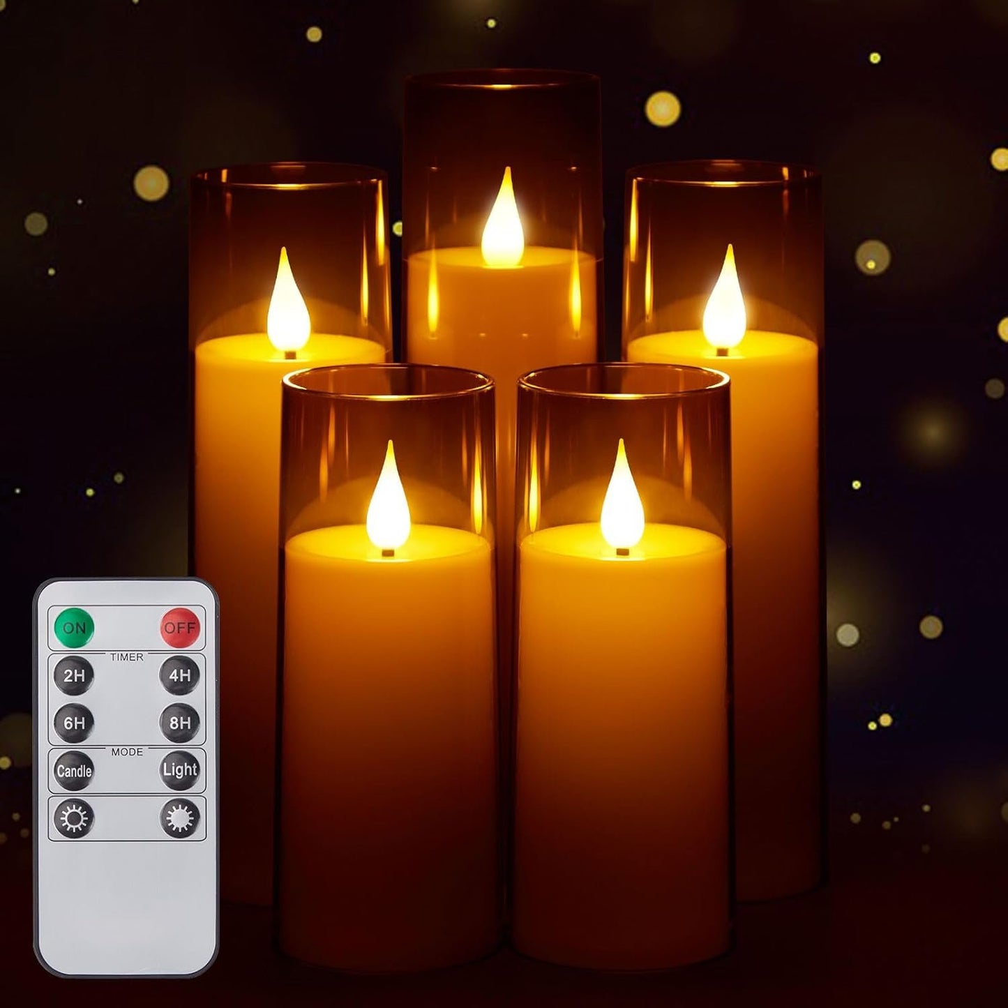 IMAGE Flickering Flameless Candles Battery Operated, Acrylic Shell Pillar 3D Wick LED Candles with 10-Key Remote Control Timer for Wedding Christmas Home Decor Set of 5 (D2.3 in X H5 5 7 7 8 in), Grey