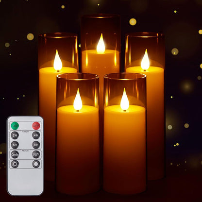 IMAGE Flickering Flameless Candles Battery Operated, Acrylic Shell Pillar 3D Wick LED Candles with 10-Key Remote Control Timer for Wedding Christmas Home Decor Set of 5 (D2.3 in X H5 5 7 7 8 in), Grey