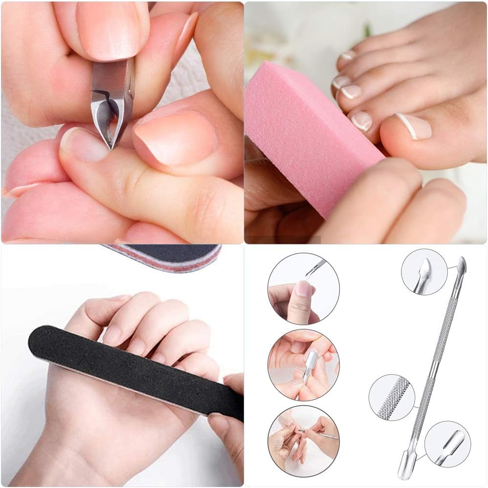 WOVTE Nail File Set, 11 Pcs Nail Files & Buffer Block, Fine Grit, White, EVA Material, Comes with Cuticle Nipper & Pusher