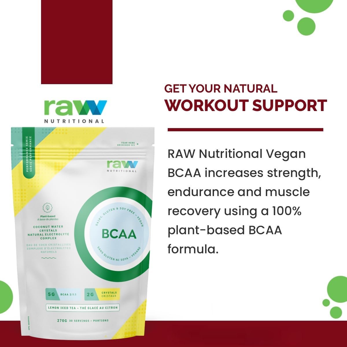 Raw Nutritional Vegan BCAA Powder | 5g 2:1:1 Ratio Amino Acids BCAAs, 2g Coconut Water Crystals | Post Workout Muscle Recovery & Electrolyte Support | 30 Servings (Pink Lemonade)