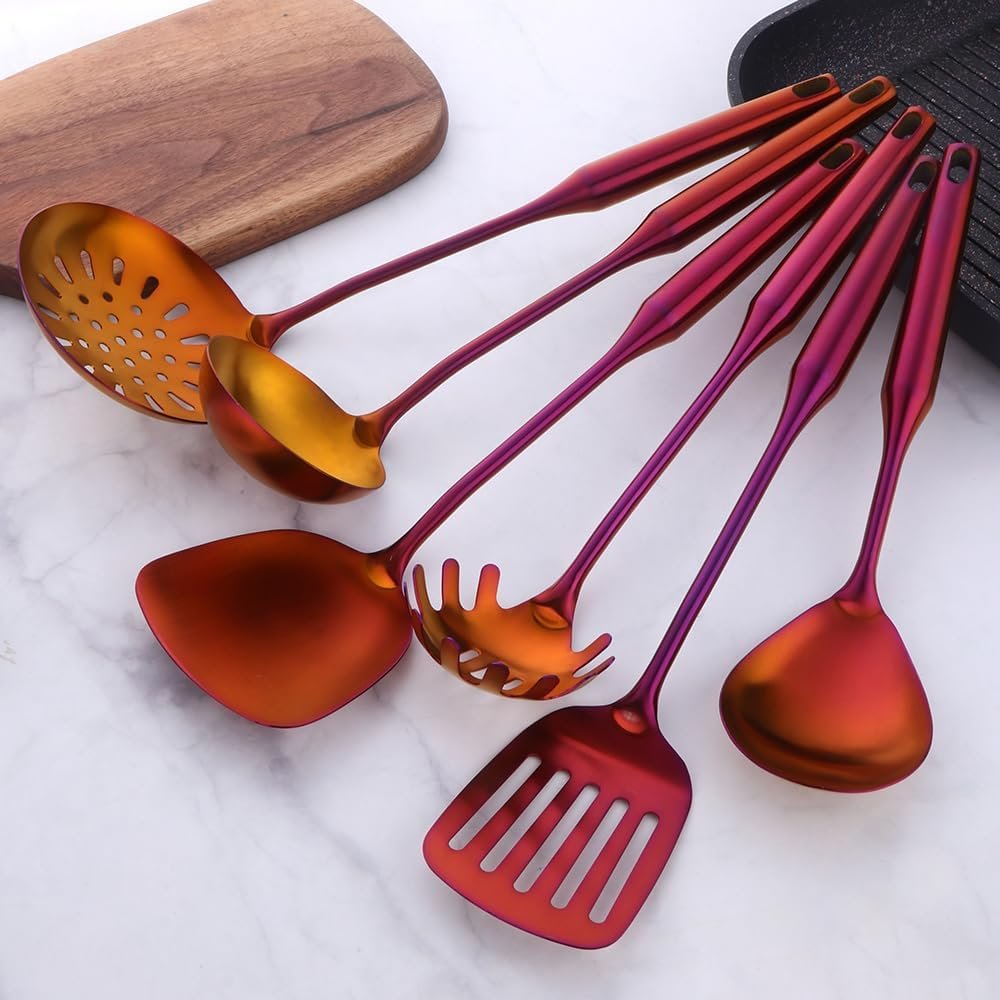 Set di 10 utensili da cucina in acciaio inox con utensili da cucina in titanio arancione rosso e utensili da cucina e gadget, tra cui cucchiai, spatole, spatole e mestolo