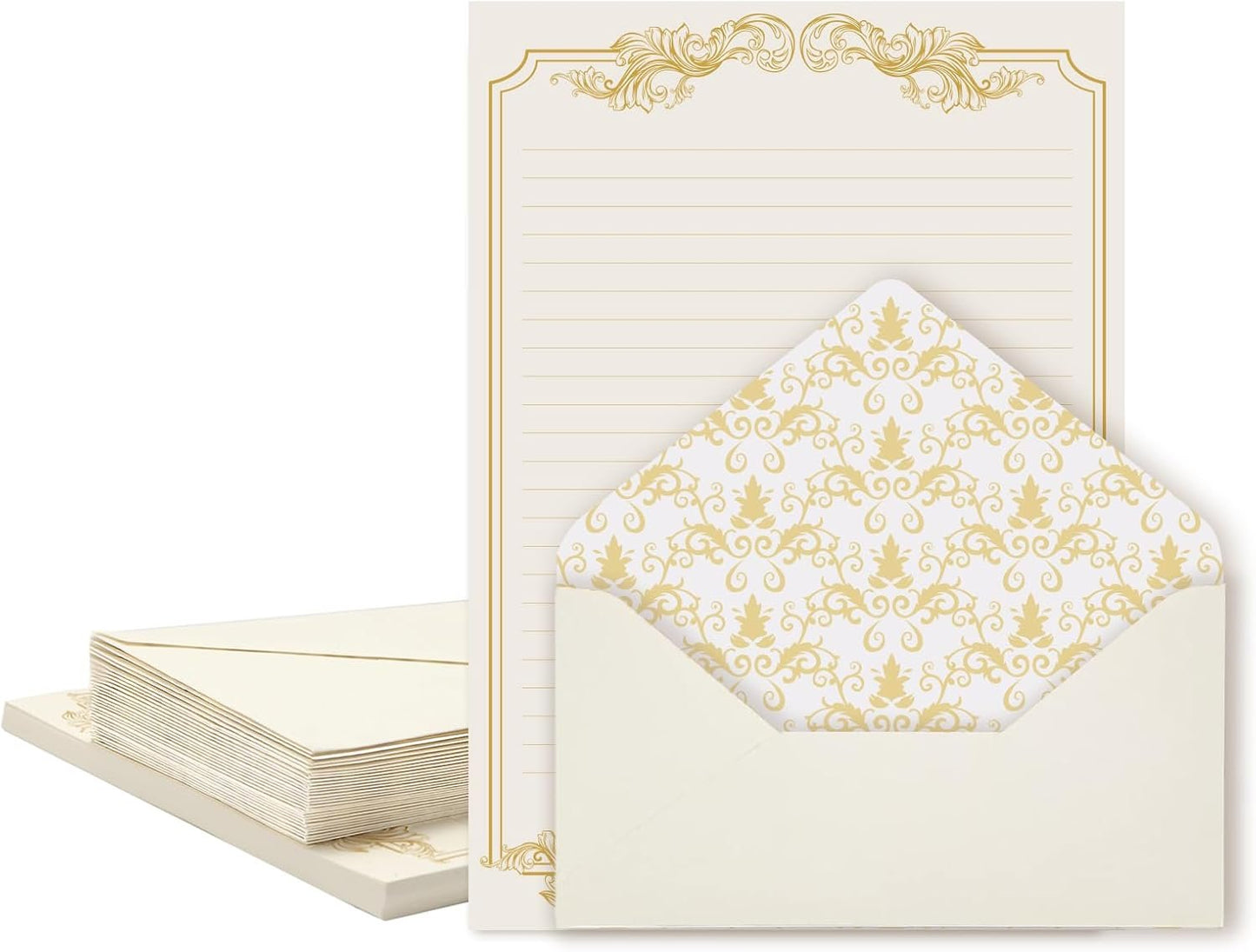 XXINMOH 90 Pieces Stationery Set with Envelopes (60 Vintage-Style Paper Sheets + 30 Envelopes), Gold Border Letter Writing Paper and Envelopes for Love Letter, Party Invitations