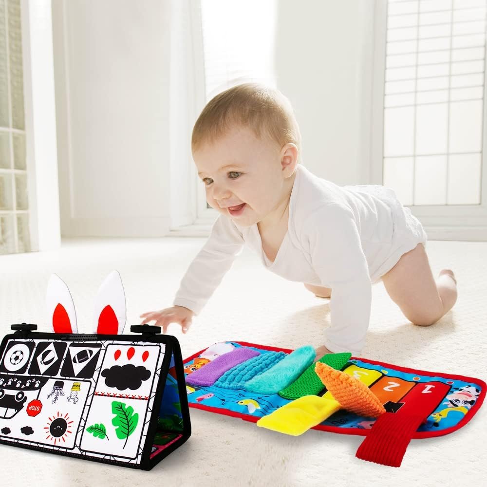 Inbeby Tummy Time Mirror Toy & Play Activity Cinrkle Mat, Black and White High Contrast Baby Newbron Toys 0 3 6 Months Brain Development, Snesory Texture Piano Infant Toys 0 3 6 Months with Squeaker
