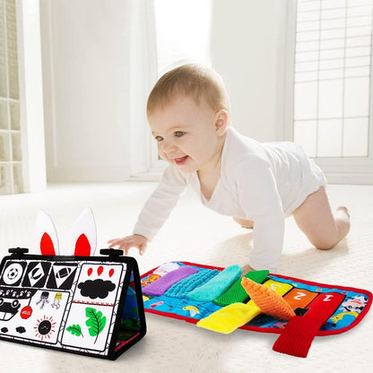 Inbeby Tummy Time Mirror Toy & Play Activity Cinrkle Mat, Black and White High Contrast Baby Newbron Toys 0 3 6 Months Brain Development, Snesory Texture Piano Infant Toys 0 3 6 Months with Squeaker
