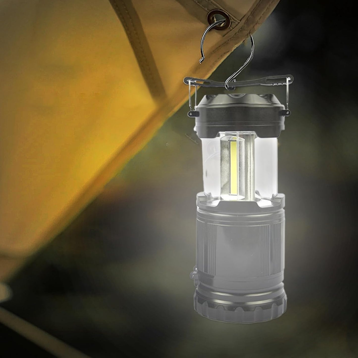 Zqkimzi LED Camping Lantern, Foldable Battery Powered Lantern, With Hook and Handle, Long Lasting Outdoor Lighting Multi Functional Survival Gear for RV, Travel, Hiking, Black