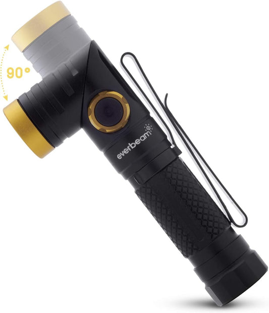 (Battery NOT Included) Everbeam E90 LED Tactical Flashlight 600 Lumen - Powerful Heavy Duty Flashlight with A 90 Degree Rotating Head & Magnetic Tail Cap - High Lumens Waterproof Compact w Steel Clip