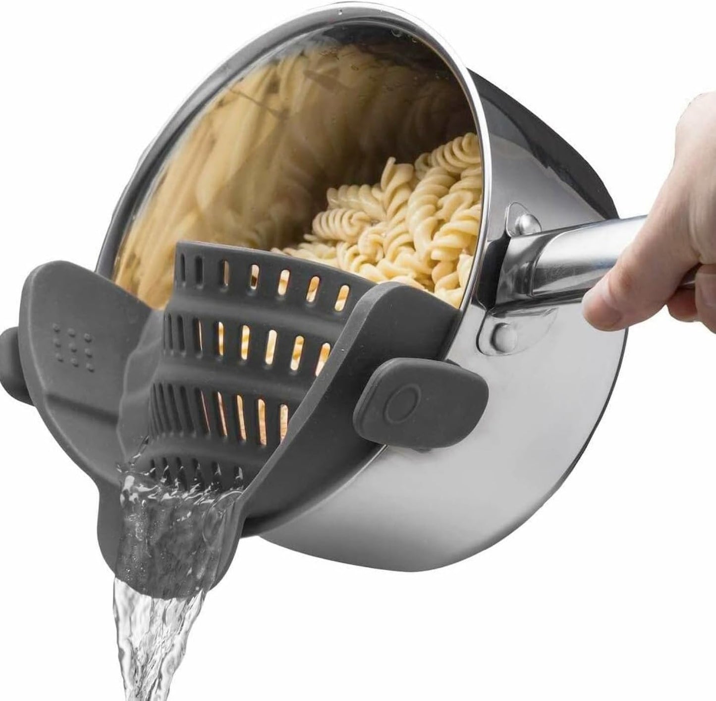 Original Kitchen Gizmo Strainer for Pots, Pans, and Bowls - Adjustable Silicone Clip on Colander - Snap N Strain Kitchen Gadget for Fruits, Veggies, Salads, Pasta, and More - Dishwasher Safe - Grey