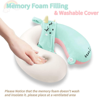 urnexttour Neck Travel Pillow for Kids, Unicorn Airplane Memory Foam Pillow with Cute Sleep Mask & Earplugs, Lightweight Travelling Sleeping Pillow Set for Car, Train, Bus and Home Use (Blue)