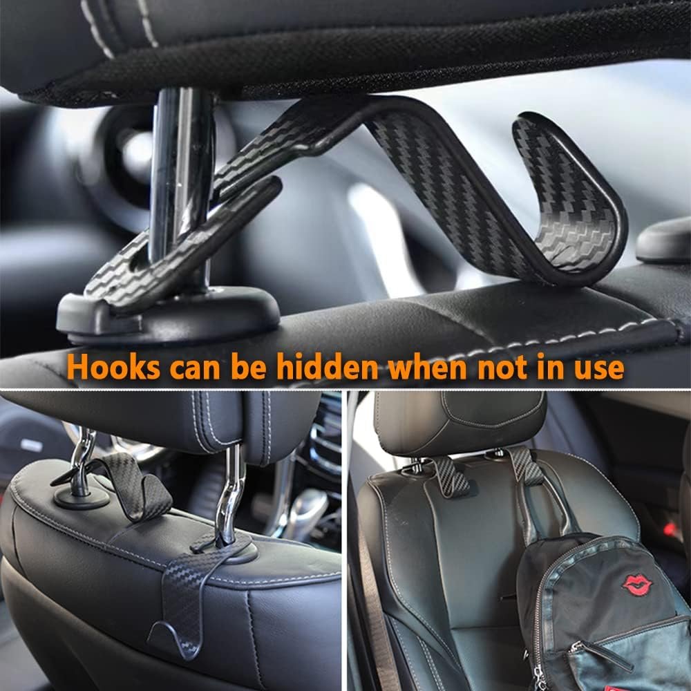 4PCS Headrest Hooks for Car,Cool Carbon Fibre Car Purse Holder Hook Multifunctional Car Phone Holder,Universal Car Interior Accessories Car Hooks for Seat (Carbon Fibre)