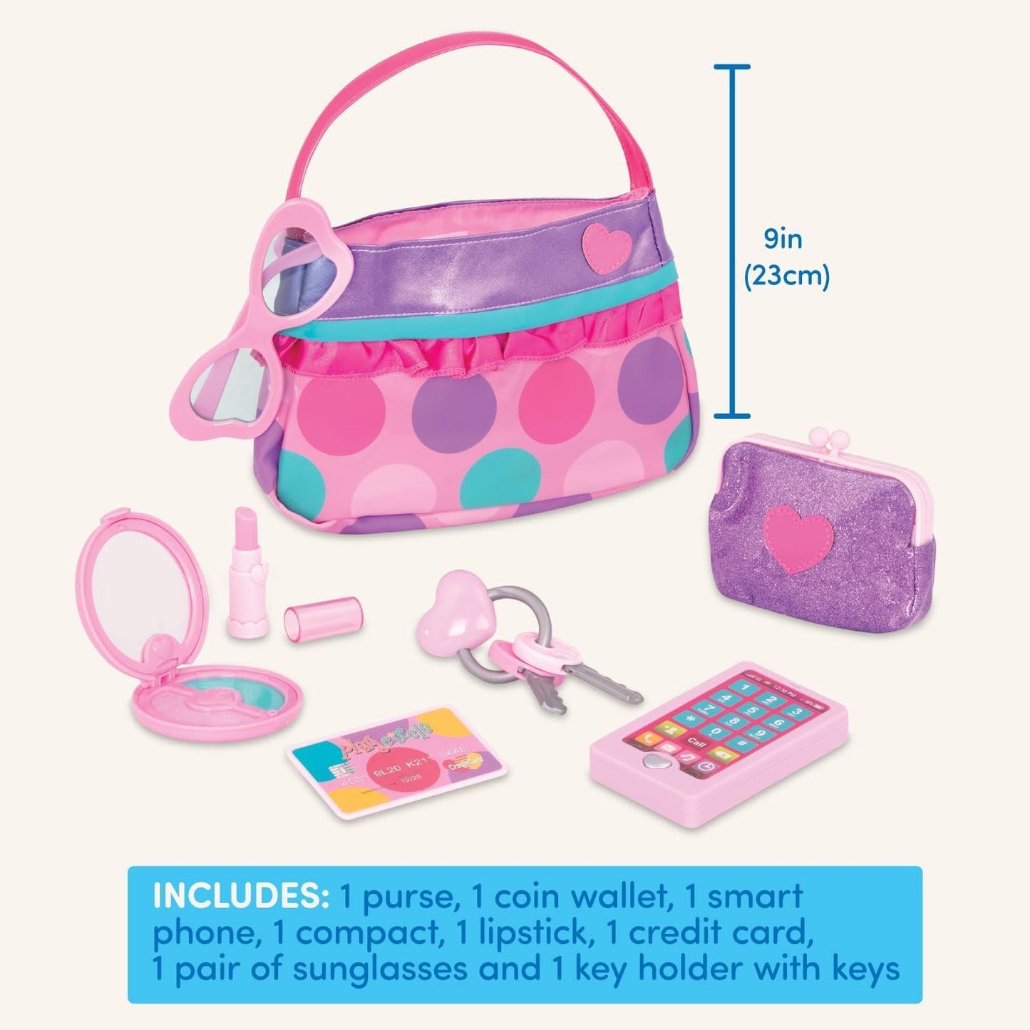 Play Circle by Battat – Princess Purse Style Set – Pretend Play Multicolor Handbag and Fashion Accessories – Toy Makeup, Keys, Lipstick, Credit Card, Phone, and More for Kids Ages 3 and Up (8 Pieces)