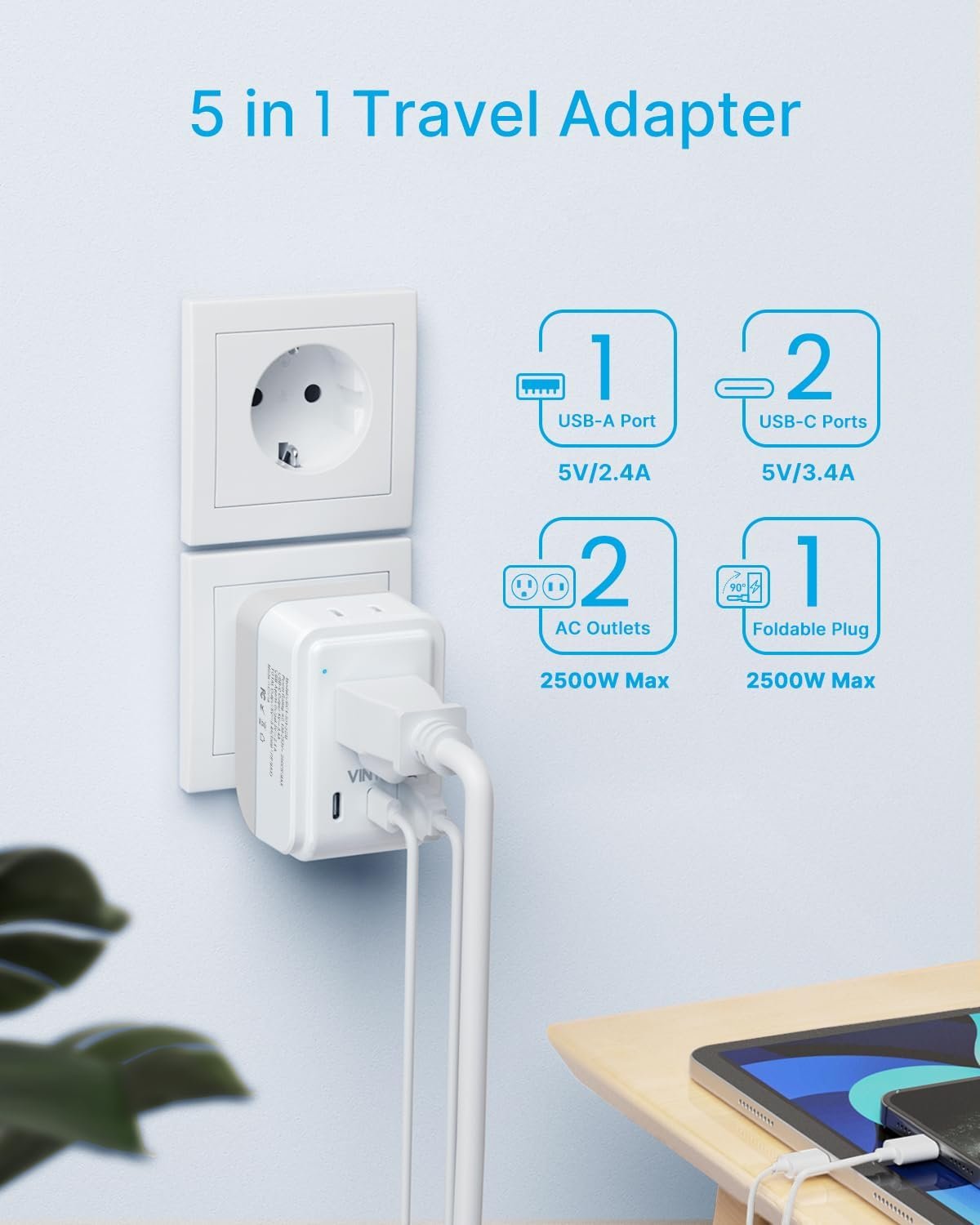 1 Pack European Travel Plug Adapter, VINTAR Foldable International Power Plug with 2 AC Outlets 3 USB Ports(2 USB C), Type C Travel Essentials Charger for Canada to Most of Europe Italy Spain France