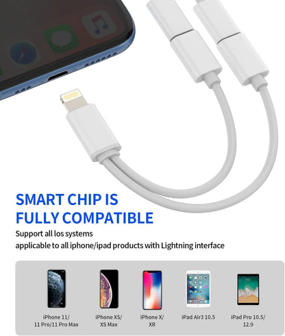 Dual Lightning Splitter Iphone Headphone Adapter(2in1)AUX Charger Cable Audio Charging Dongle Double Jack Converter for Apple MFI Certified 14 13 12 11 Pro Max Mini 7 8 Plus X Xr Earbud Adaptador Para