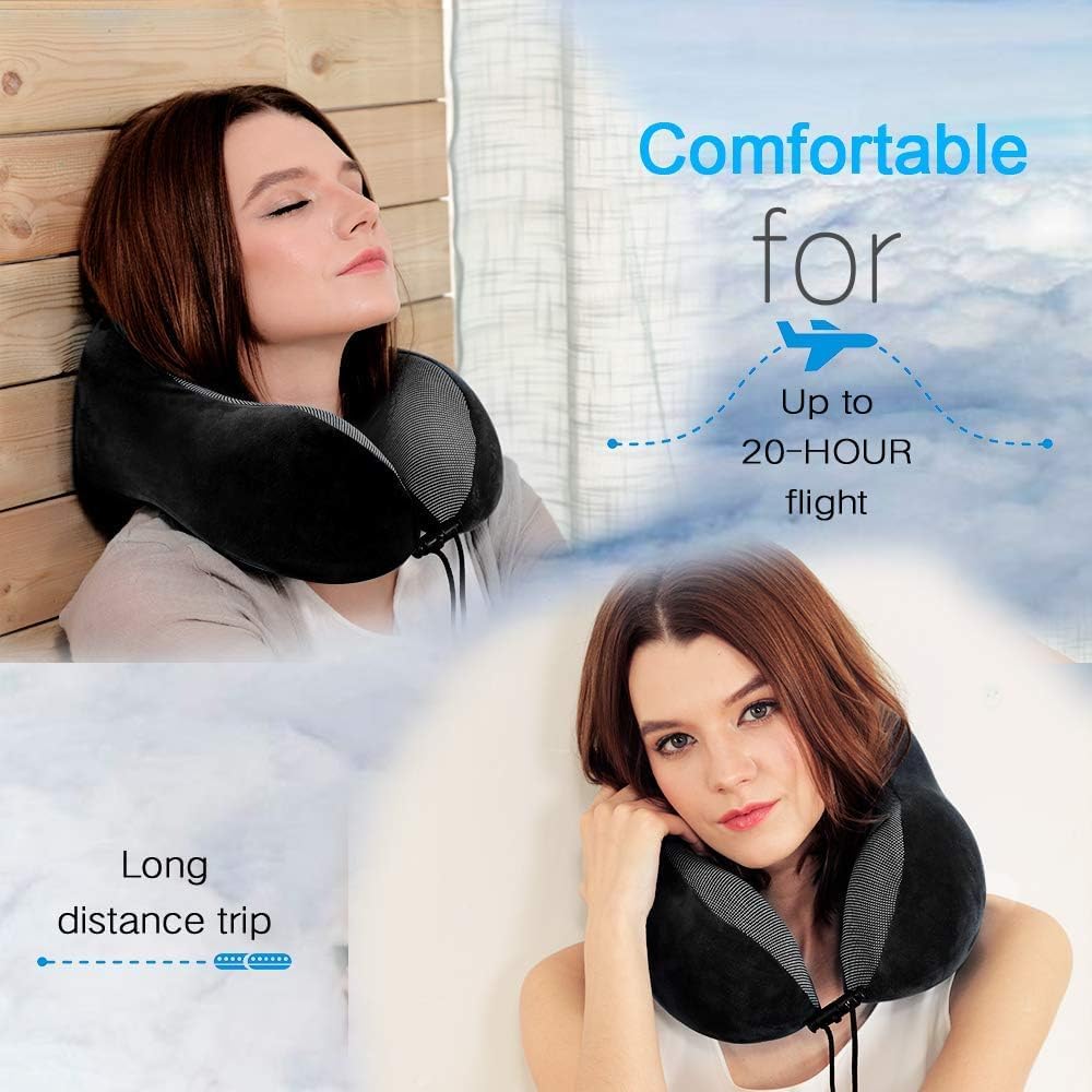 ZHCHG 2 Pack Travel Pillow, Best Memory Foam Neck Pillow for Airplane, Head Support Comfortable Pillow for Sleeping Rest, Train, Car & Home Use -Black