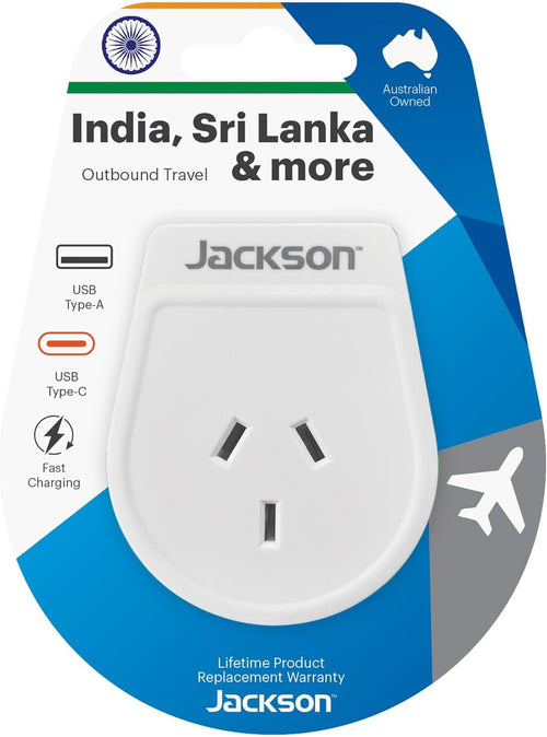 Jackson AUS - India & Sri Lanka USB-A & USB-C Travel Adapter, White
