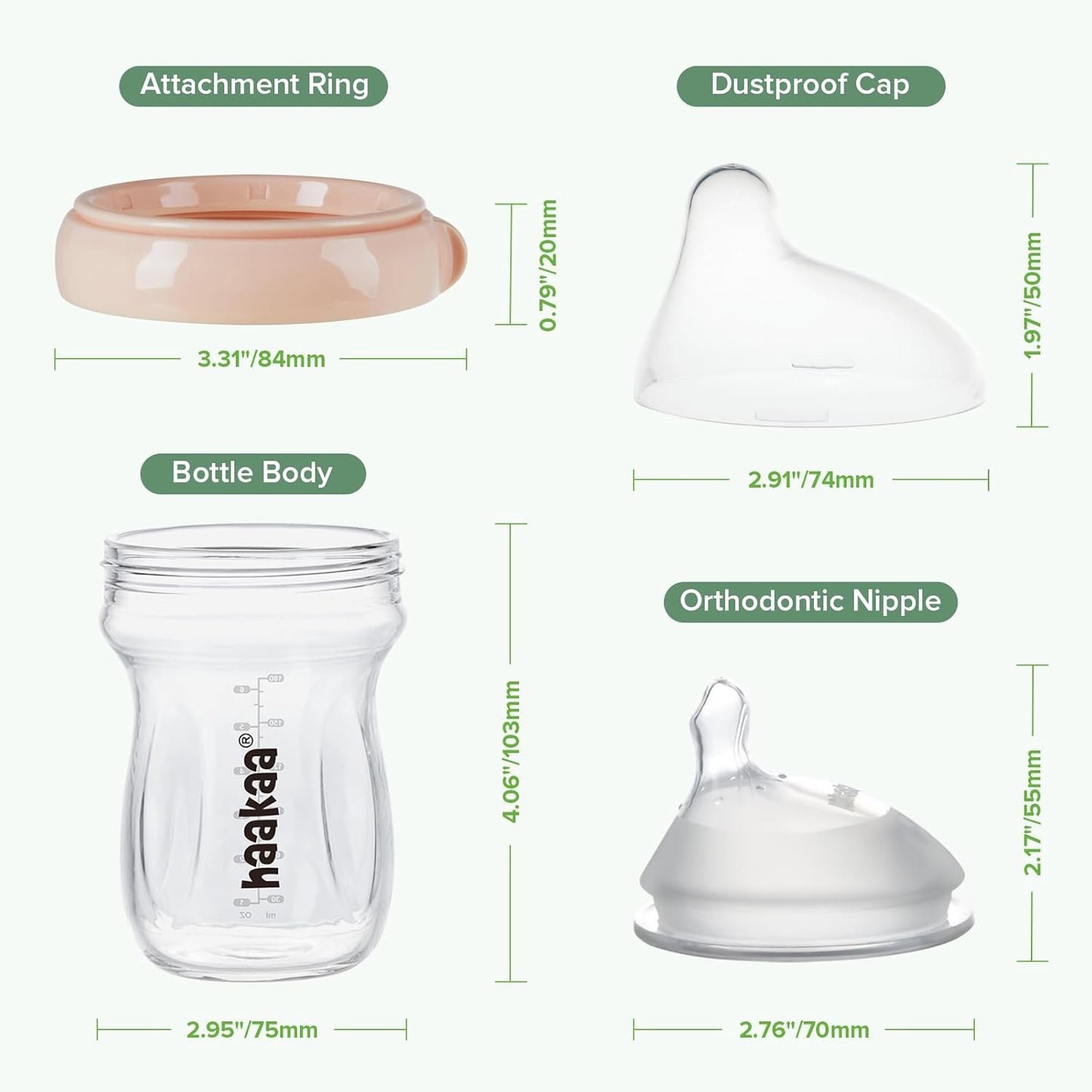 haakaa Gen.3 Natural Glass Baby Bottle -Wide Neck Anti-Colic Variable Flow Nipple - 6M+ Breastfed Babies Newborn Registry Essentials,BPA-Free, 6 oz/180 ml, Peach
