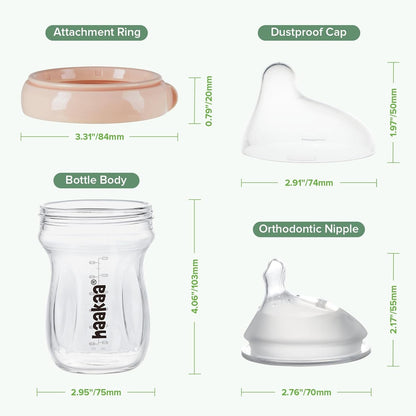 haakaa Gen.3 Natural Glass Baby Bottle -Wide Neck Anti-Colic Variable Flow Nipple - 6M+ Breastfed Babies Newborn Registry Essentials,BPA-Free, 6 oz/180 ml, Peach