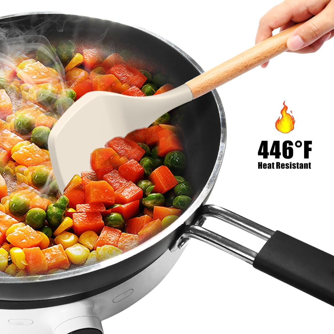 Silicone Cooking Utensils Set - 446°F Heat Resistant Silicone Kitchen Utensils for Cooking,Kitchen Utensil Spatula Set w Wooden Handles and Holder, BPA Free Gadgets for Non-Stick Cookware (Khaki)