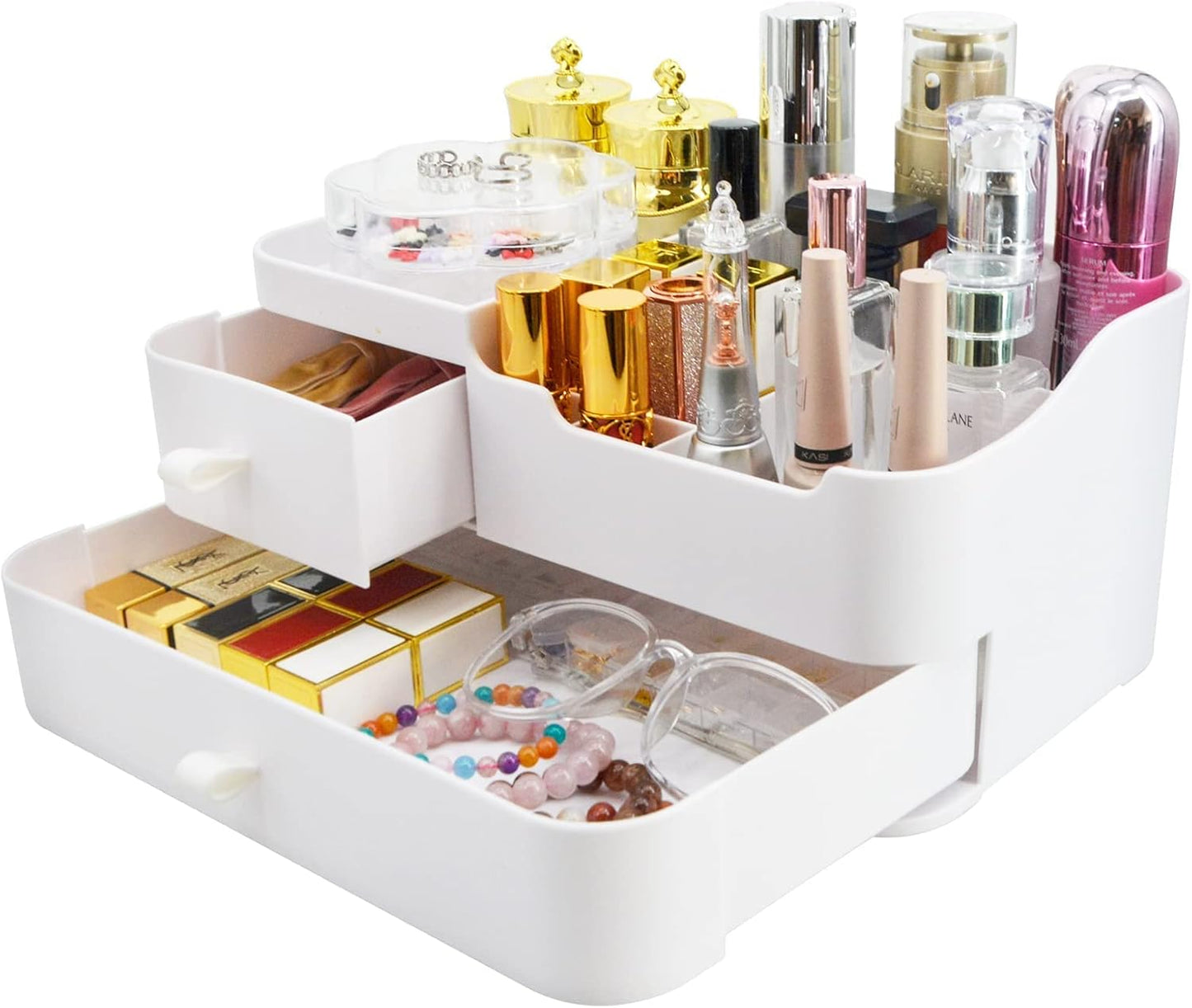 Makeup Organizer Makeup Holder Bathroom Containers for Skincare Makeup with Drawers - Large Plastic Cosmetic Organizers for Creams Brushes Women Accessories, White