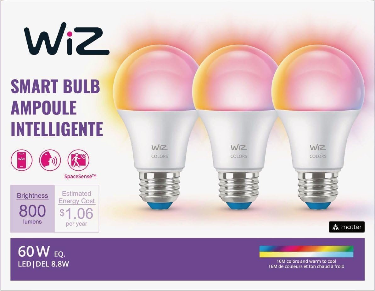 WiZ Connected 60W A19 LED Smart Light Bulbs - Connects to Your Wi-Fi - E26 Smart Bulb - Control with Voice or App + Activate with Motion - Matter Compatible - 3 Pack