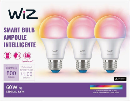 WiZ Connected 60W A19 LED Smart Light Bulbs - Connects to Your Wi-Fi - E26 Smart Bulb - Control with Voice or App + Activate with Motion - Matter Compatible - 3 Pack