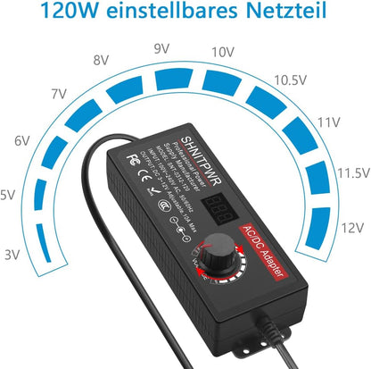 SHNITPWR Universal 3V to 12V 120W 10A 100~240V AC to DC 3V 7V 12V Power Supply with 14 Adapter Connectors for 3V to 12V Electronic Devices Tablet LED Strip etc.