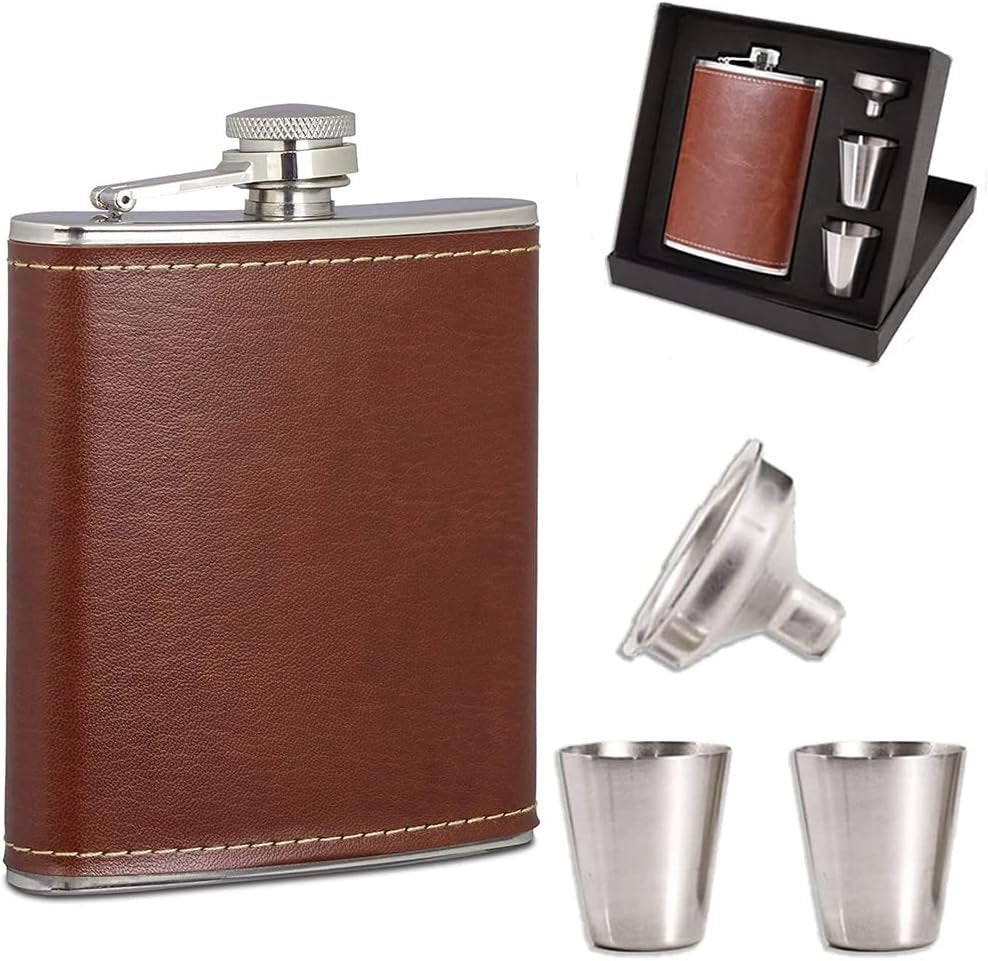 Portable Metal Hip Flask, 8 oz Stainless Steel Shot Bottle, Outdoor Hip Flask Drinking Cup Set, Stainless Steel Hip Flask and Funnel, with Bring Wine Glasses, Funnel and Gift Box (Brown)