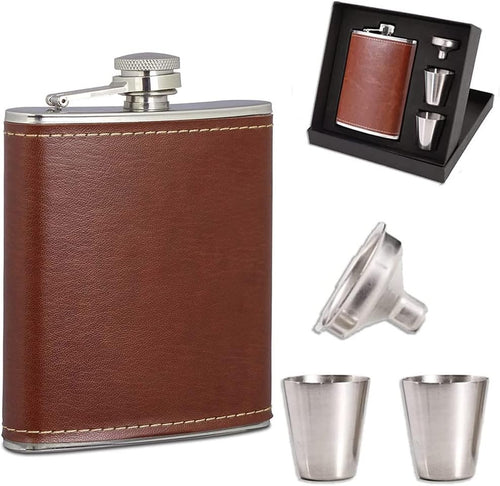 Portable Metal Hip Flask, 8 oz Stainless Steel Shot Bottle, Outdoor Hip Flask Drinking Cup Set, Stainless Steel Hip Flask and Funnel, with Bring Wine Glasses, Funnel and Gift Box (Brown)
