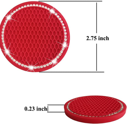 2 Car Cup Holder Coaster and 1 Crystal Rhinestone Engine Push Start Stop Button Cover Decoration, Interior Accessories for Women, Sticker Bling Ignition Ring (Blingred)