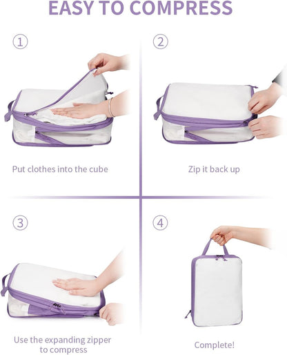 ECOHUB 6pcs Compression Packing Cubes Set for Backpack Suitcases, Expandable Travel Organiser with Shoes Bag, Ultra-resistant Packing Organiser for Carry On Luggage