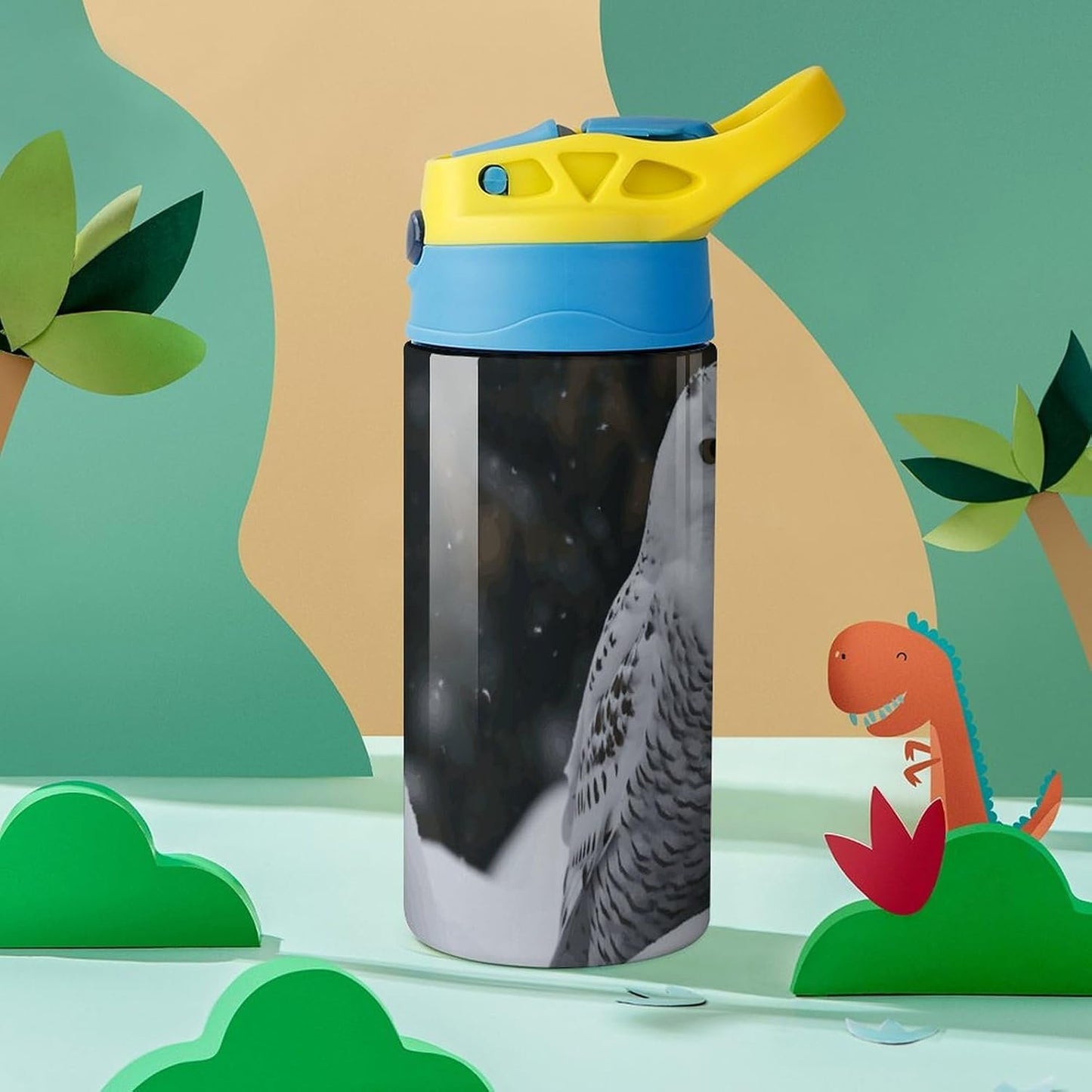 Stainless Steel Water Bottles Snow Owl Travel Water Cups with Handle And Silicone Straw Drinking Cup with Leak Proof Lid Thermo Travel Mug for Women Men