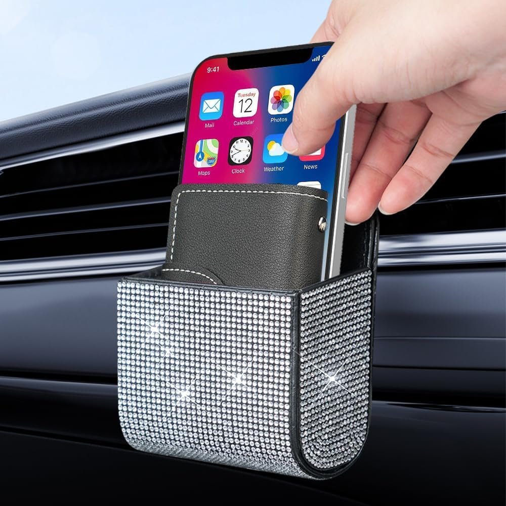 Car Vent Storage Organizer,Rhinestone Car Vent Leather Pocket,Bling Car Accessories for Women or Man,Multipurpose Car Storage