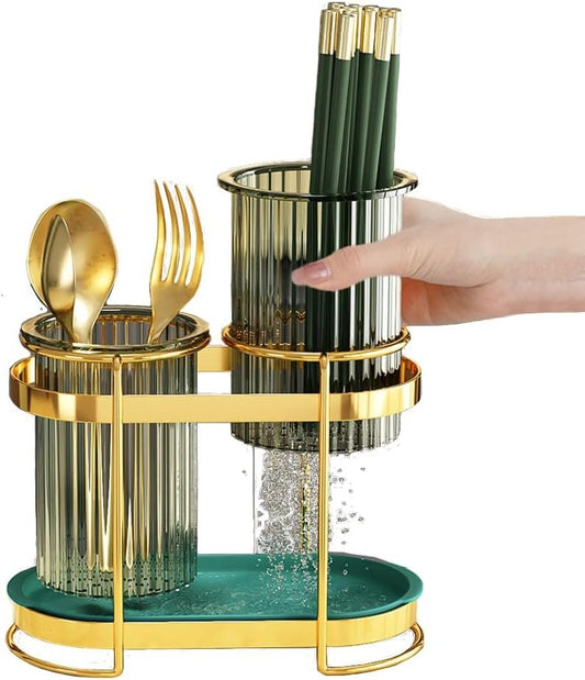 FOREVERIE Gold Metal Cutlery Holder Organizer with Draining Drip Holes & Flatware Drainer Plate, Kitchen Utensil Holder Organiser Drying Rack for Chopstick, Fork, Spoon etc.
