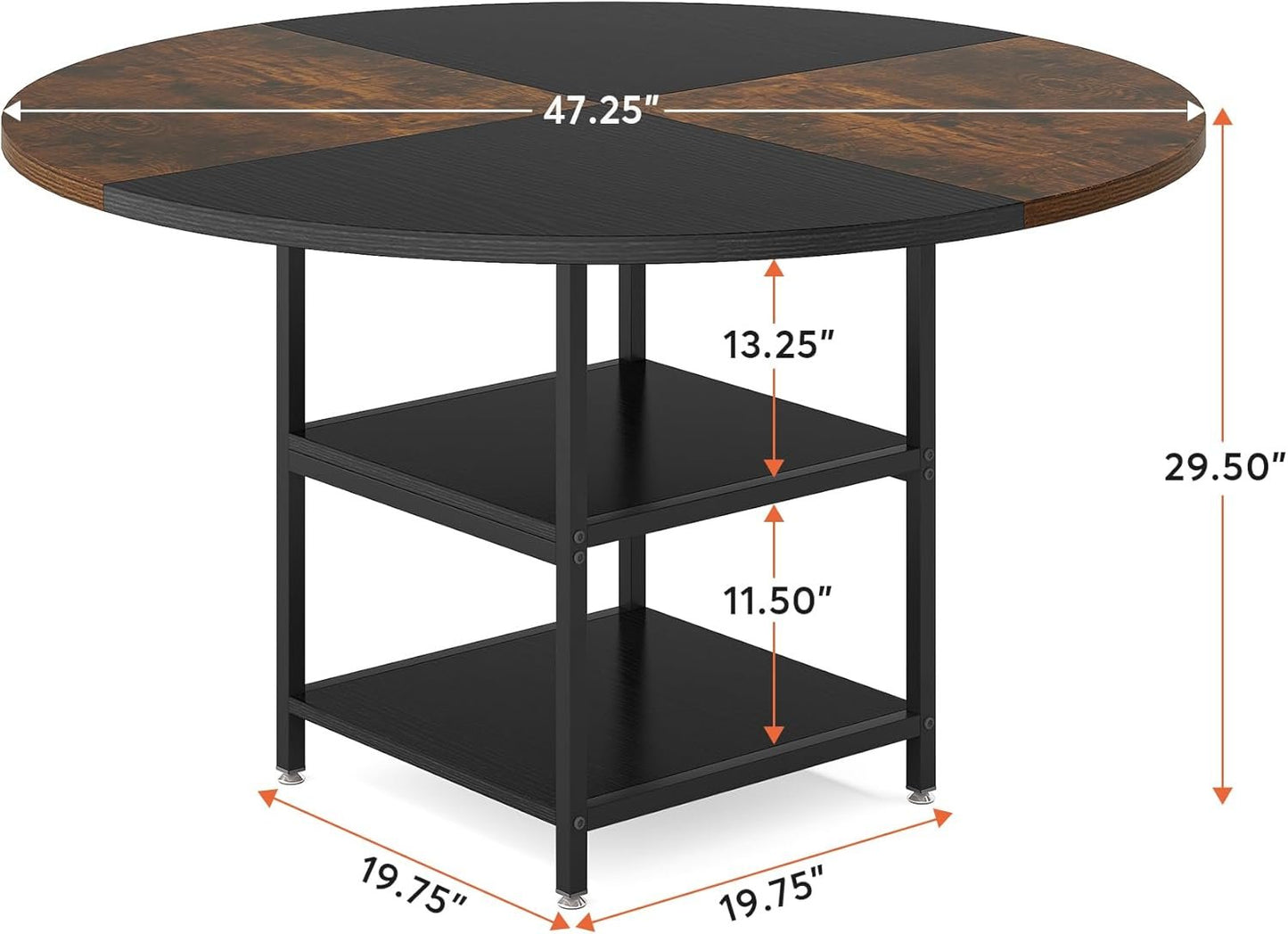 Tribesigns 47 inch Round Dining Table for 4, Wood Kitchen Table Large Dinner Table with Storage Shelf Metal Legs for Home Dining Room Living Room, Black Rustic Brown