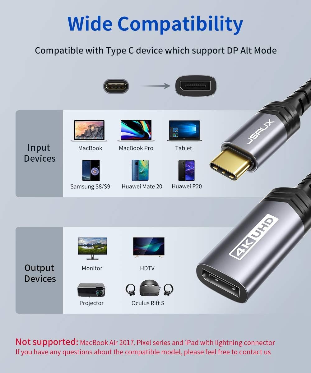 JSAUX USB C to DisplayPort Adapter 4K@60Hz, Type C to Display Port Cable Adapter Compatible with iPhone 16/15/Pro/Max/Plus, MacBook Pro Air, Surface Book, Dell XPS, Samsung Galaxy S24 S23 Note 20-Grey