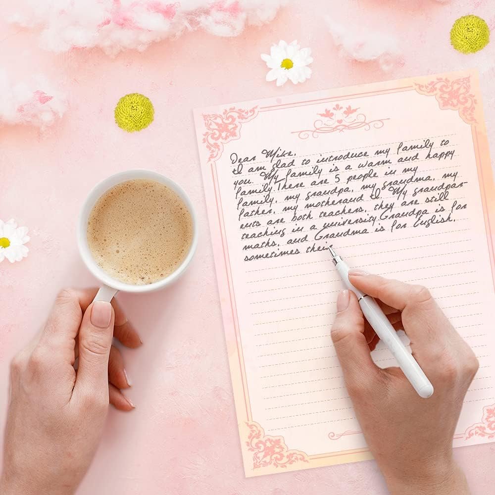 Watercolor Butterfly Stationery Paper (Lined Single Side) 48 Pieces and Self-Sealing Envelopes 24 PC Set, 27 lb Heavy Weight, Pink Letter Writing Stationary 11" x 8.5" with Letterhead